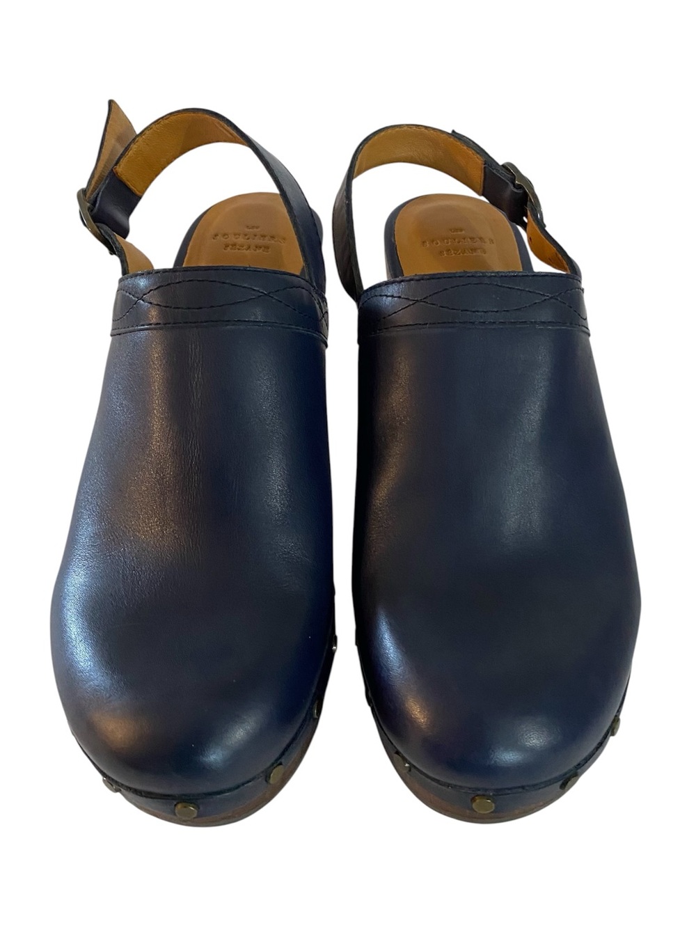 Sezane Taylor Clogs Size 10 Navy Blue Leather French Cottagecore Prairie Boho - Picture 2 of 10